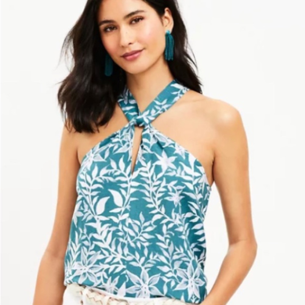 LOFT. New with tags. Floral Linen Blend Twist Halter Top. Color is cloudy jade.